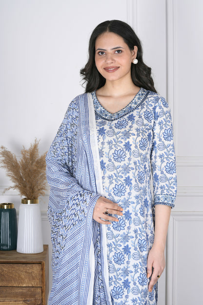 Dhara White and Blue Handblock Print Cotton Suit Set - Aavarana by Karnika