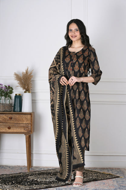 Ameya Black and Brown Handblock Cotton Suit Set - Aavarana by Karnika