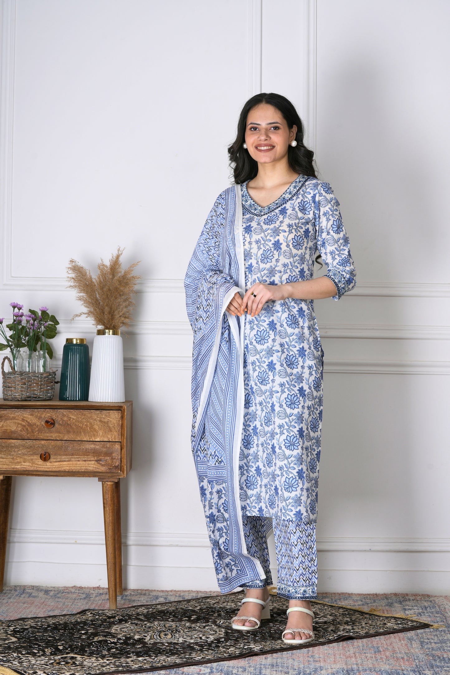 Dhara White and Blue Handblock Print Cotton Suit Set - Aavarana by Karnika