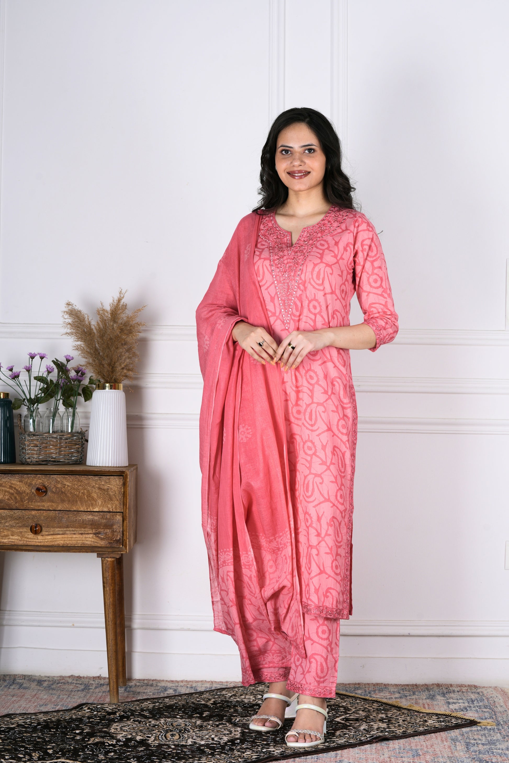 Dhaarini Peachy Pink Batik Cotton Suit Set - Aavarana by Karnika