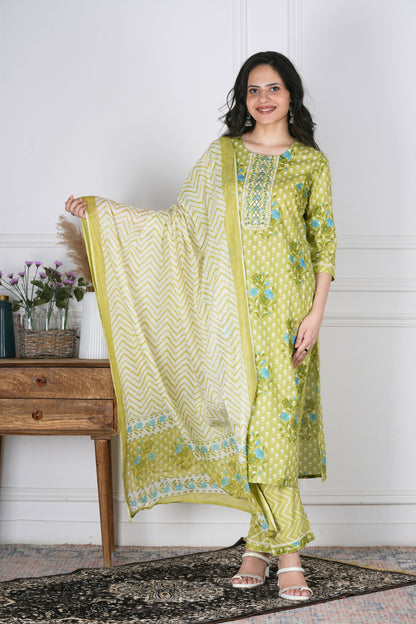 Brahmi Pista Green Cotton Suit Set - Aavarana by Karnika