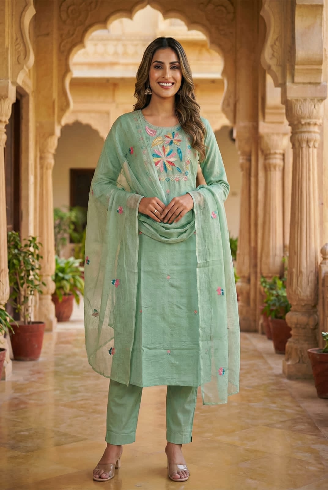 Mint Green Floral Embroidered Cotton Co-Ord Set