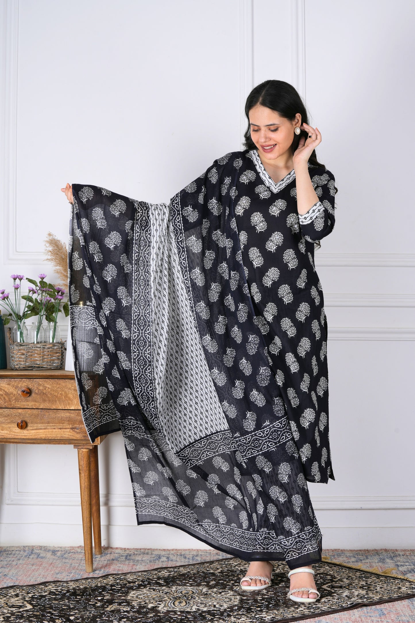 Ajaya Black and White Handblock Cotton Suit Set - Aavarana by Karnika