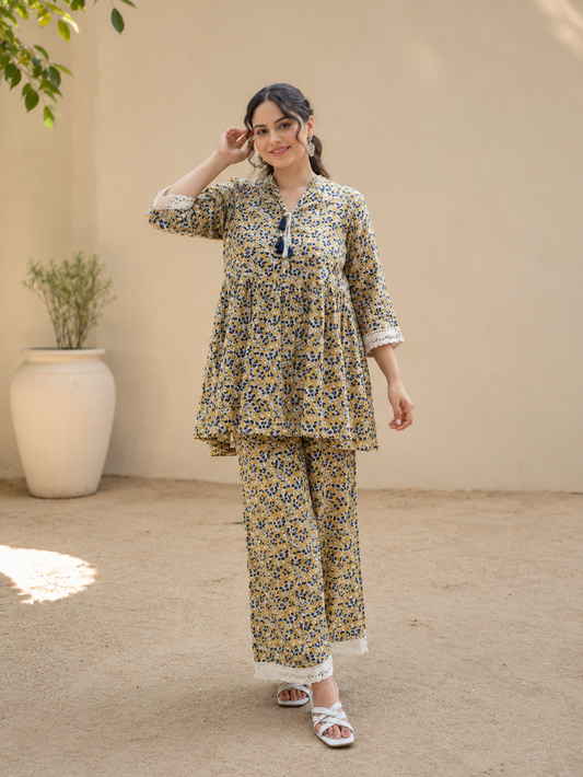 Mustard Bloom Printed Cotton Co-Ord Set