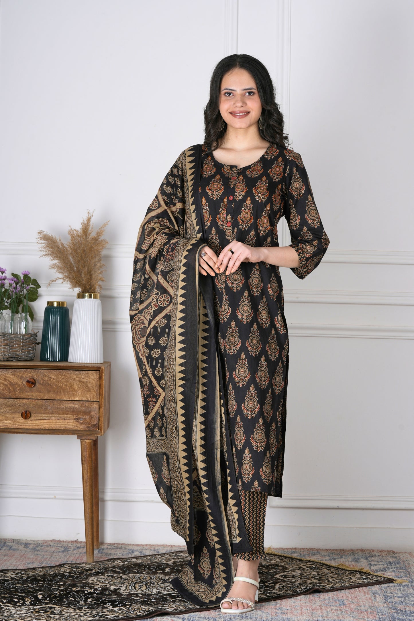 Ameya Black and Brown Handblock Cotton Suit Set - Aavarana by Karnika