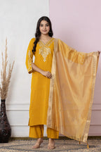 Mustard Gold Embroidered 3-Piece Cotton Suit