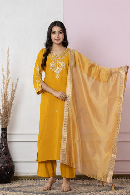 Mustard Gold Embroidered Cotton Co-Ord Set with Dupatta