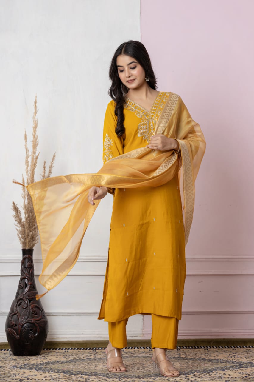 Mustard Gold Embroidered Cotton Co-Ord Set with Dupatta