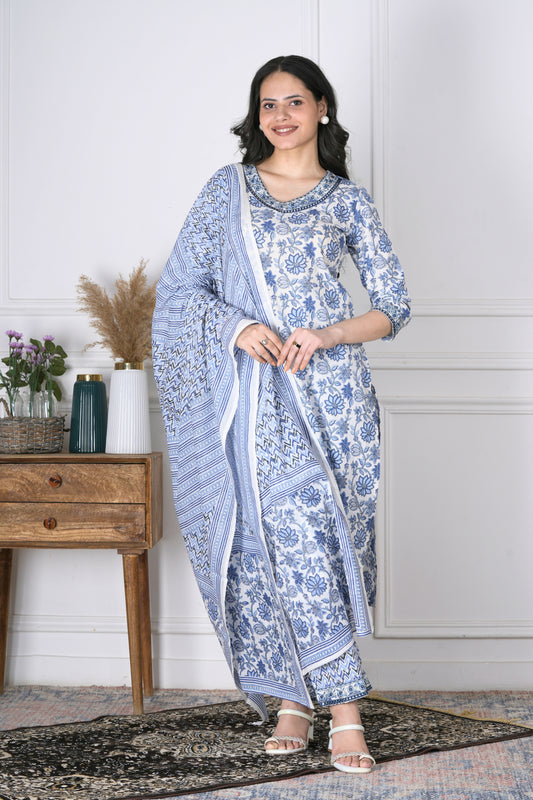 Dhara White and Blue Handblock Print Cotton Suit Set - Aavarana by Karnika