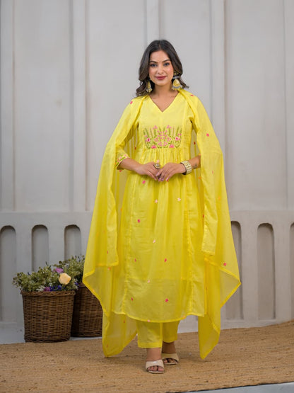 Sunshine Yellow Floral Embroidered Cotton Co-Ord Set with Dupatta