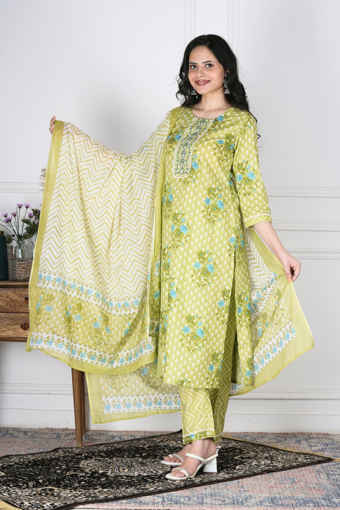 Brahmi Pista Green Cotton Suit Set - Aavarana by Karnika