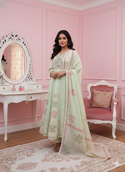 Mint Green Floral Printed Cotton Co-Ord Set with Dupatta