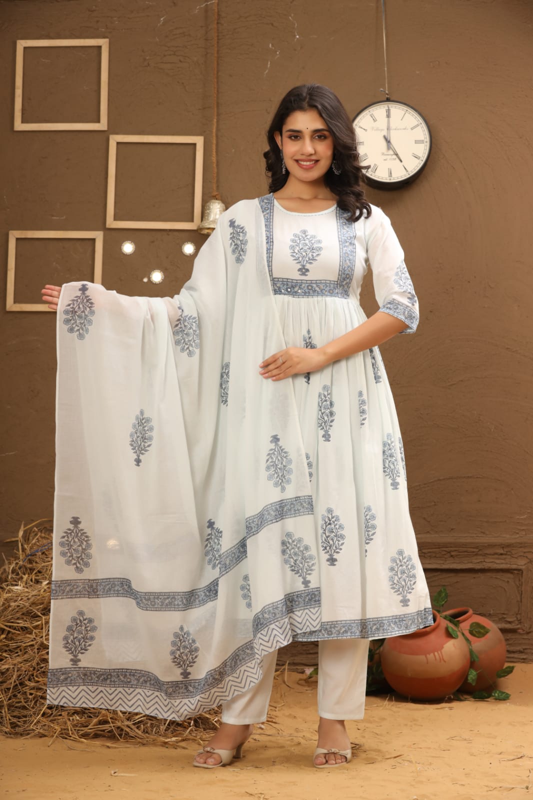 Ivory Blue Botanical Printed Cotton Co-Ord Set