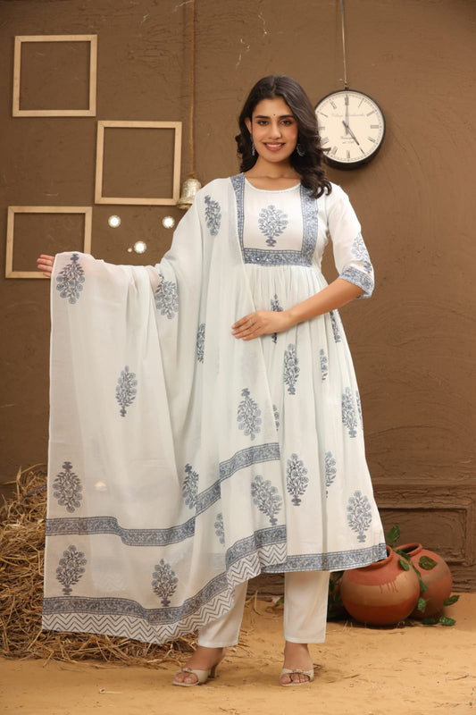 Ivory Blue Botanical Printed Cotton Co-Ord Set
