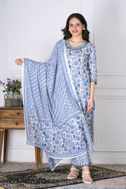 Dhara White and Blue Handblock Print Cotton Suit Set - Aavarana by Karnika