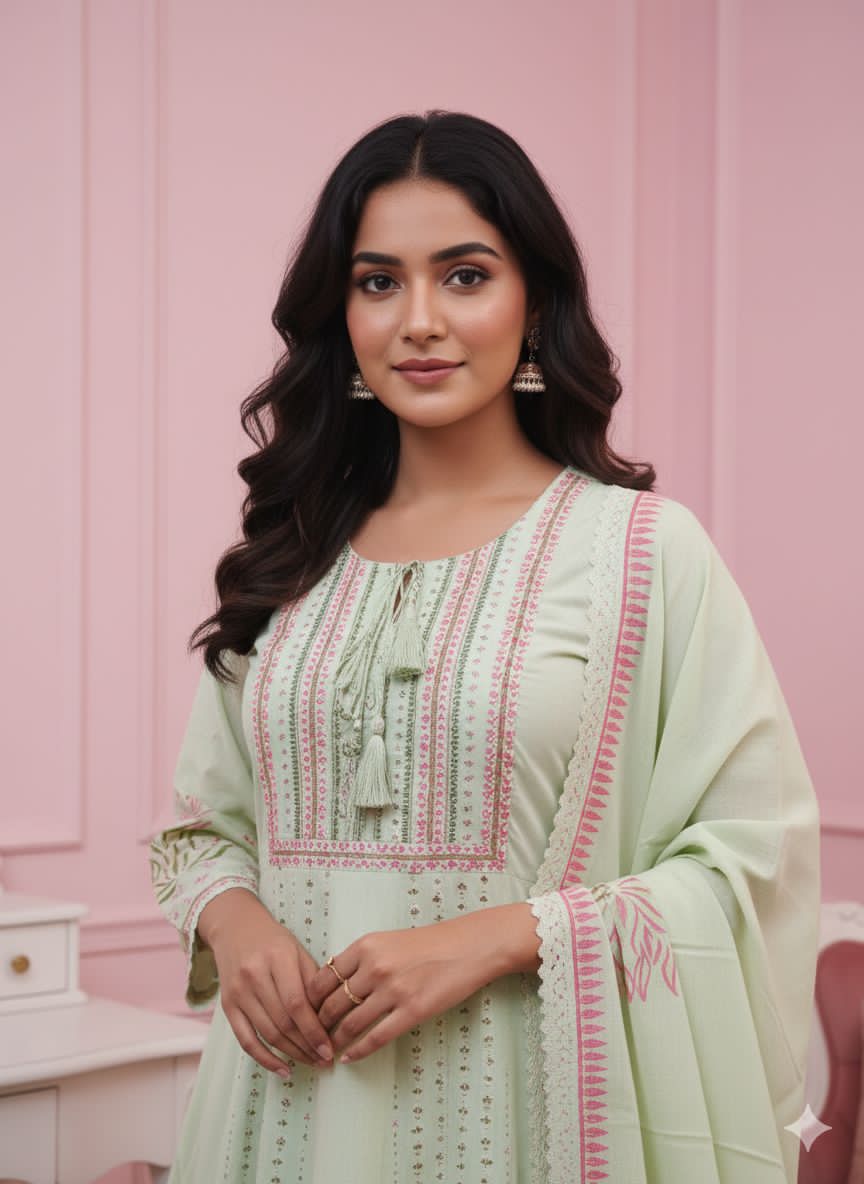Mint Green Floral 3-Piece Cotton Suit