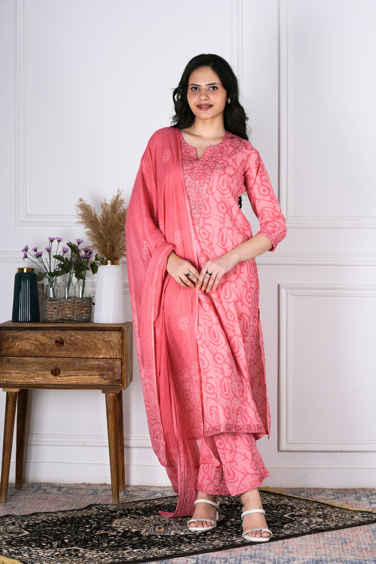 Dhaarini Peachy Pink Batik Cotton Suit Set - Aavarana by Karnika