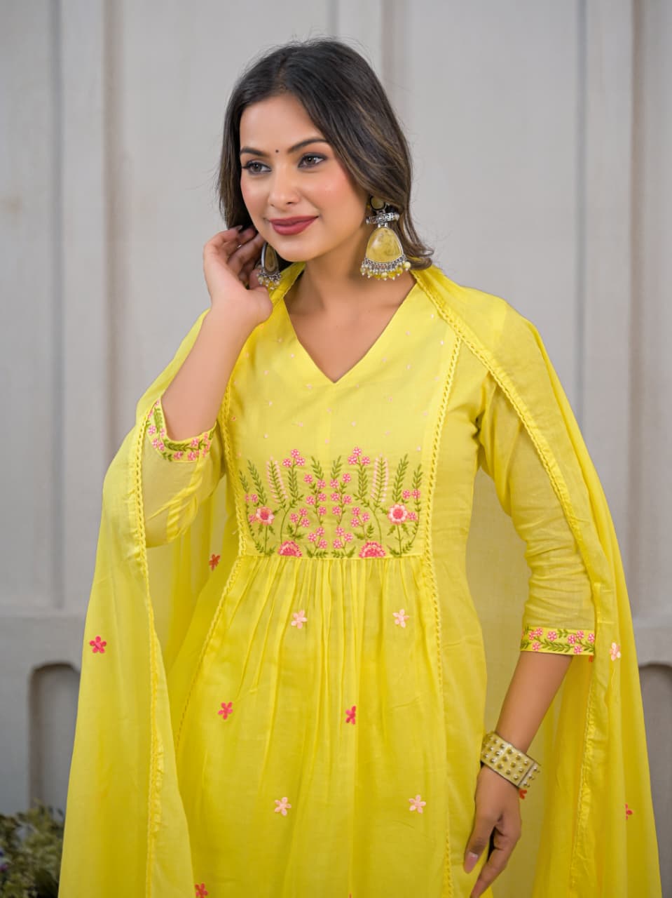 Sunshine Yellow Floral Embroidered Cotton Co-Ord Set with Dupatta