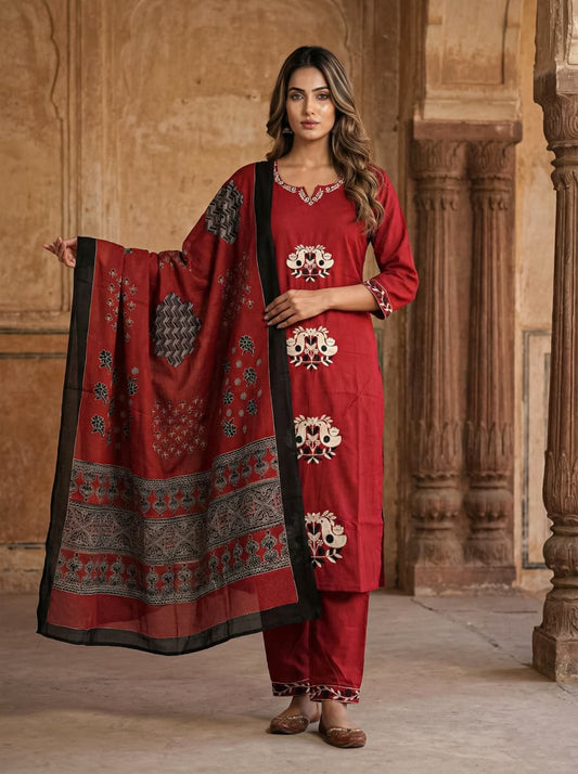 Ruby Red Heritage Printed Cotton Co-Ord Set with Dupatta