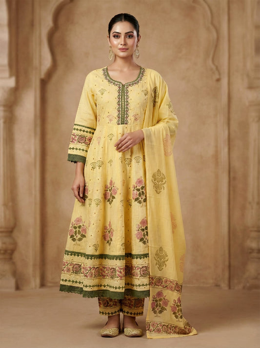 Sunshine Yellow Floral Printed Cotton Co-Ord Set with Dupatta