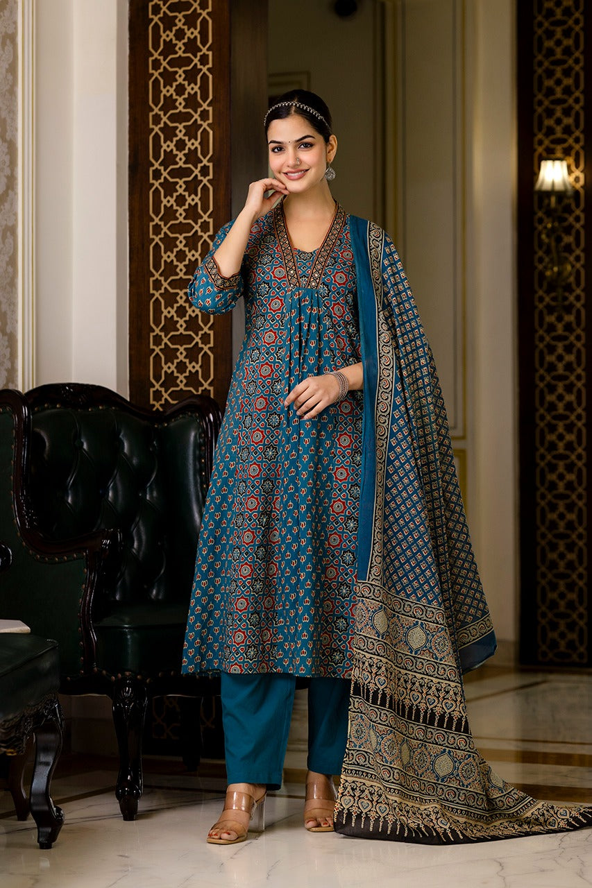 Teal Heritage Printed Cotton Co-Ord Set