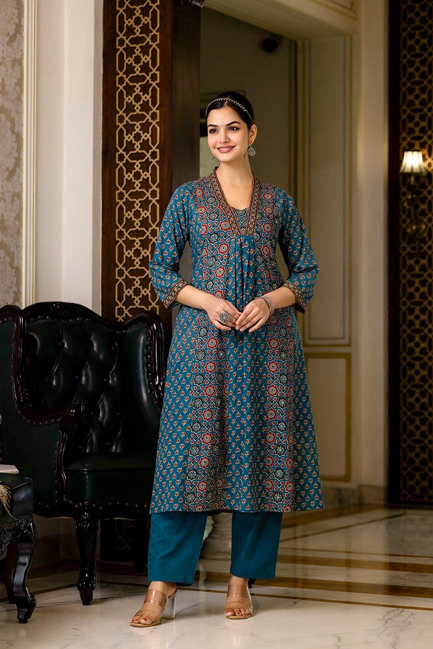 Teal Heritage Printed Cotton Co-Ord Set