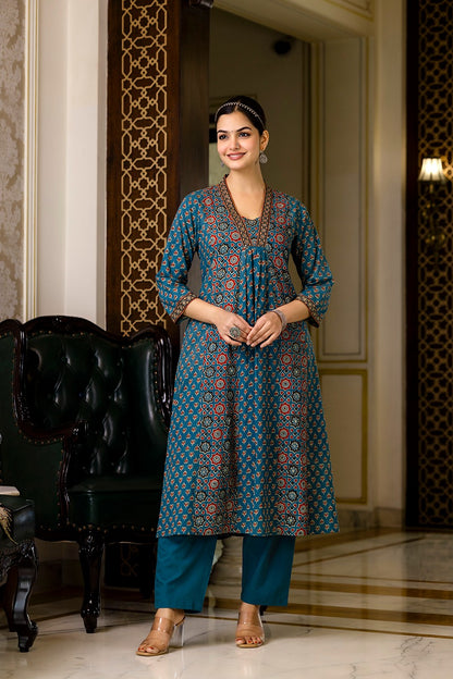 Teal Heritage Printed Cotton Co-Ord Set