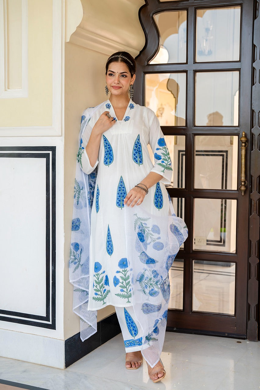 Blue Bloom Printed 3-Piece Cotton Suit