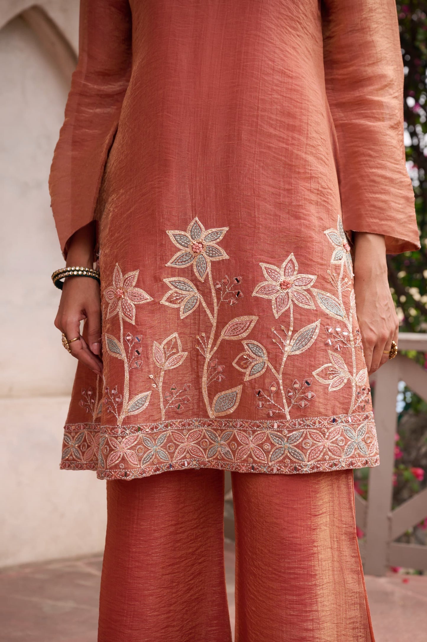 Peach Blossom Embroidered Cotton Co-Ord Set with Dupatta