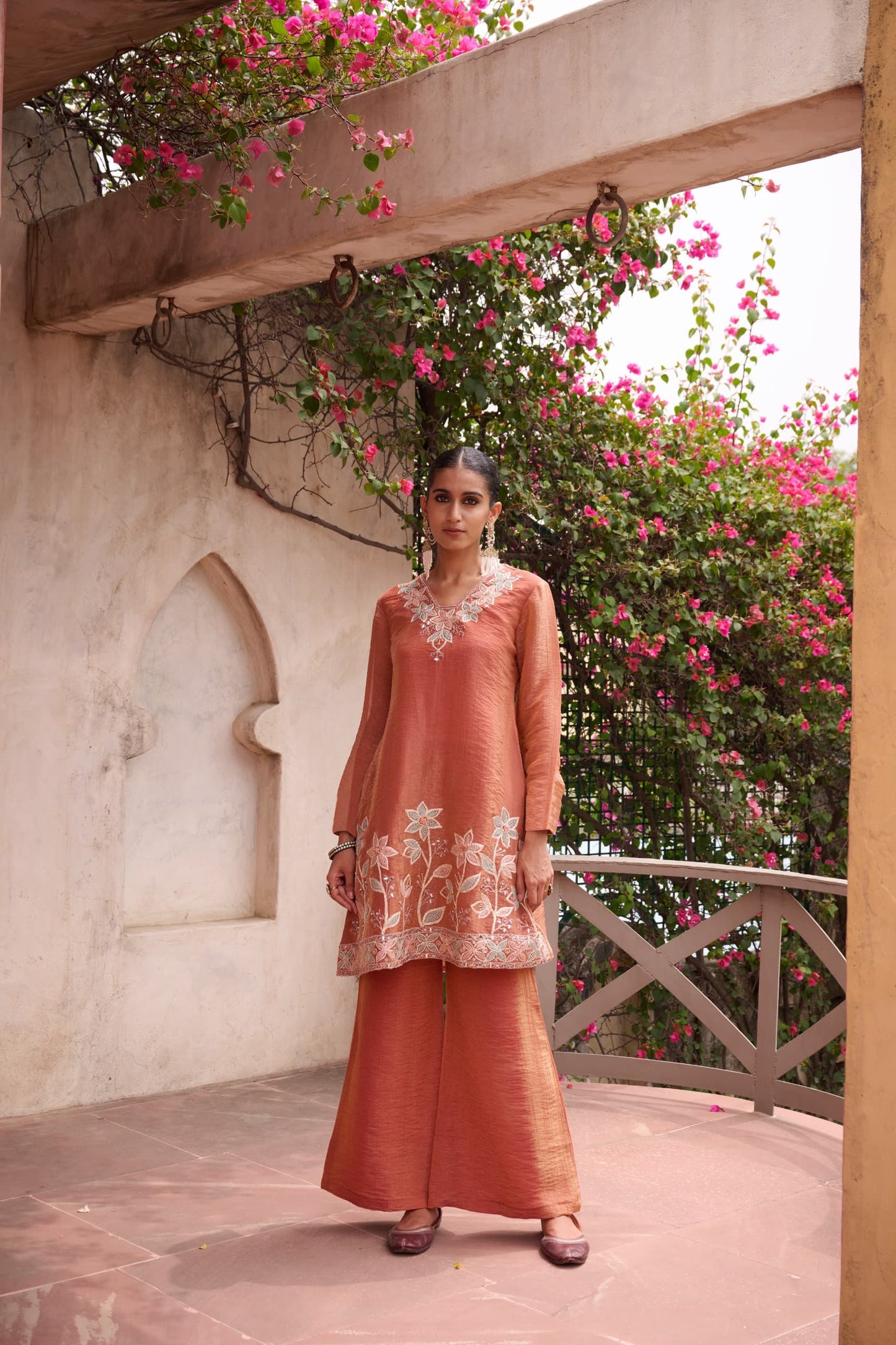 Peach Blossom Embroidered Cotton Co-Ord Set with Dupatta