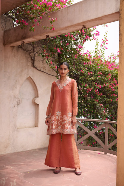 Peach Blossom Embroidered Cotton Co-Ord Set with Dupatta
