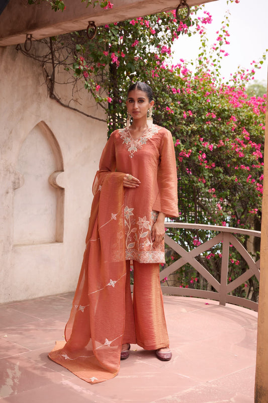 Peach Blossom Embroidered Cotton Co-Ord Set with Dupatta
