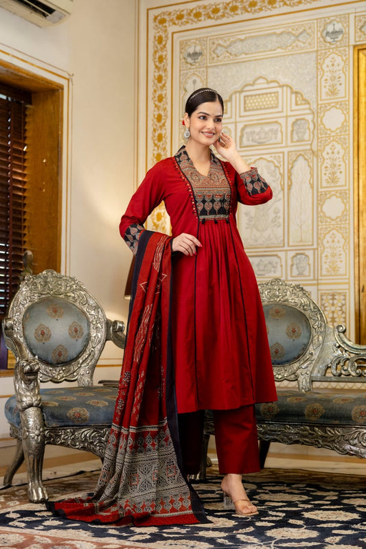 Royal Red Printed Cotton Co-Ord Set with Dupatta