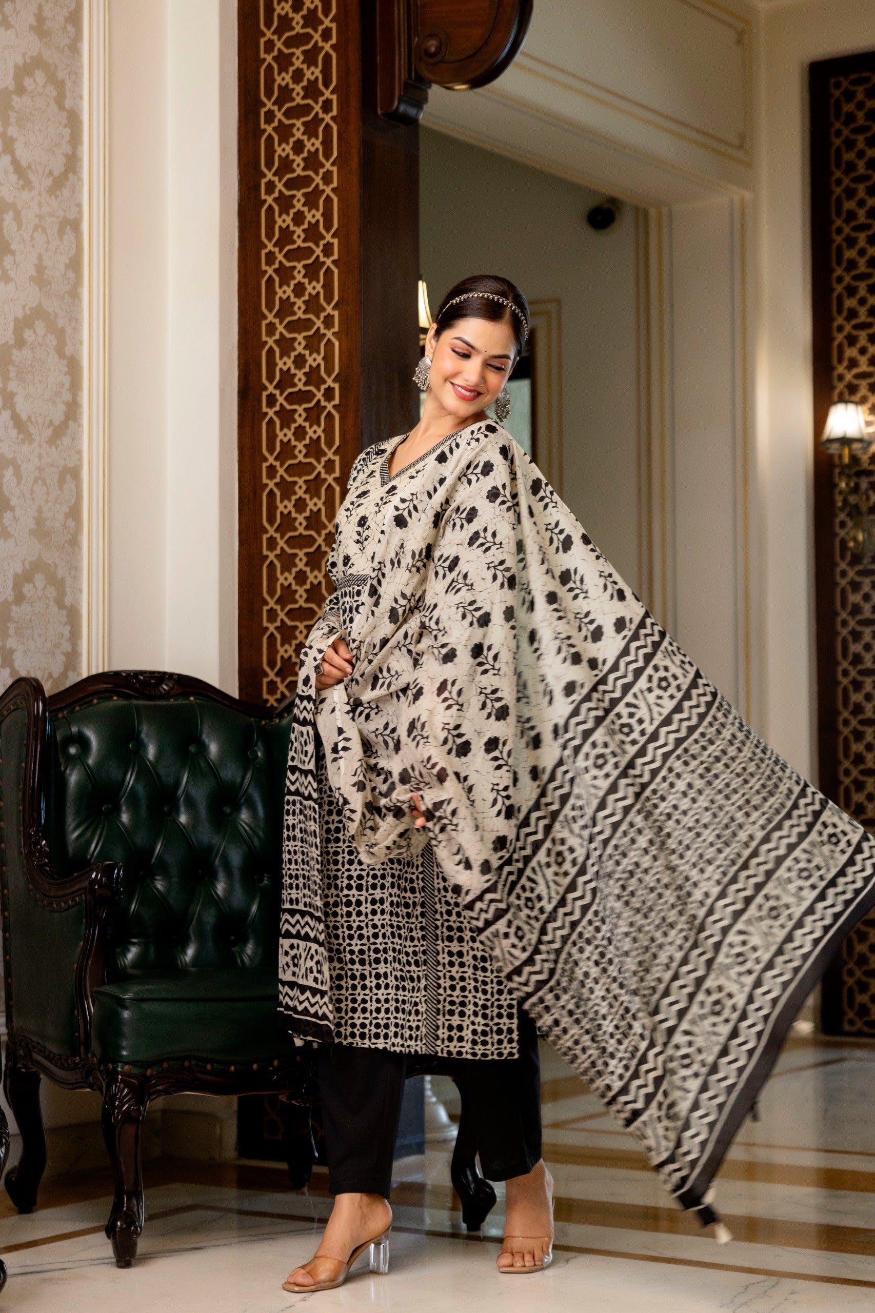 Ivory & Black Floral 3-Piece Cotton Suit