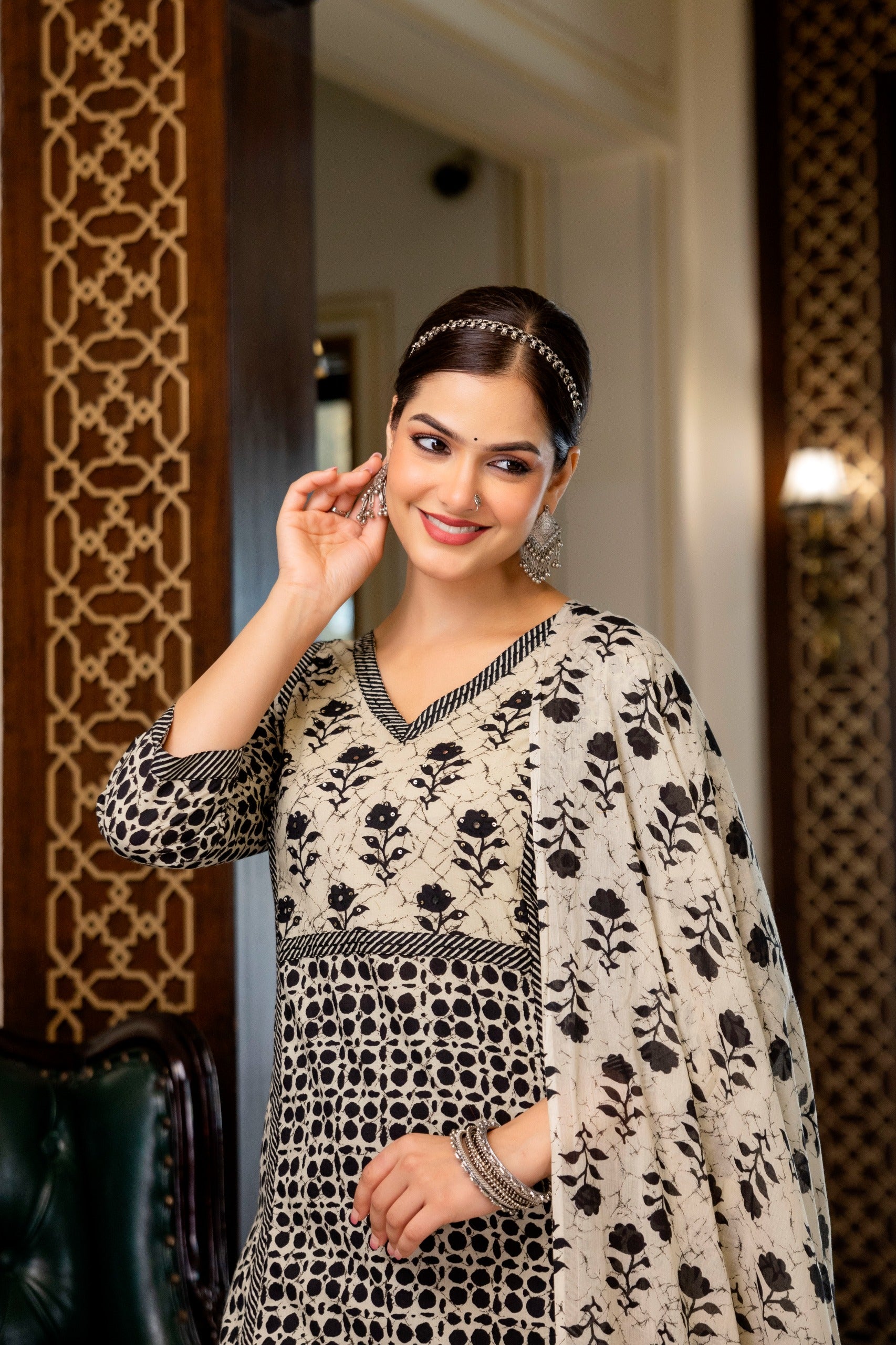 Ivory & Black Floral 3-Piece Cotton Suit