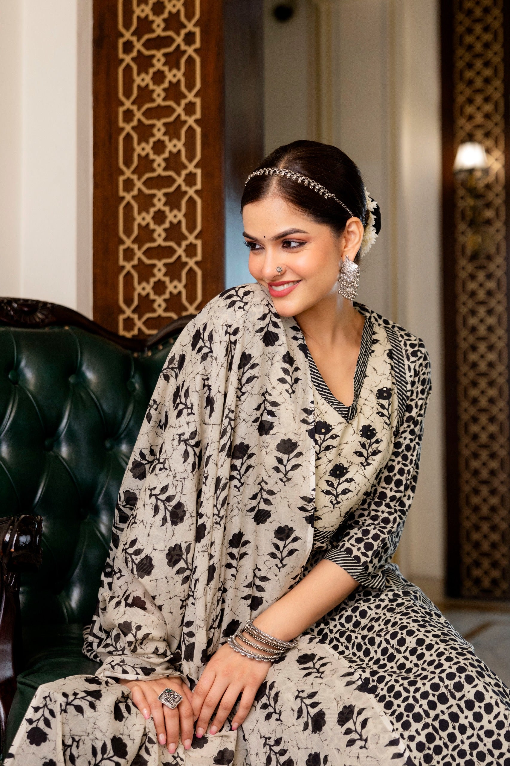 Ivory & Black Floral 3-Piece Cotton Suit