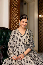 Ivory & Black Floral 3-Piece Cotton Suit