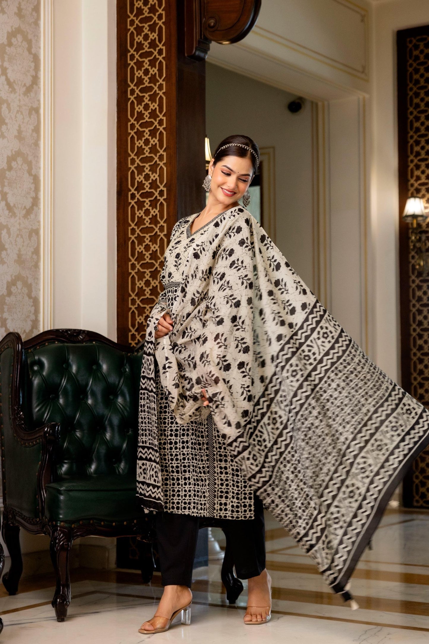 Monochrome Elegance: Black & Ivory Batik-Inspired Three-Piece Suit