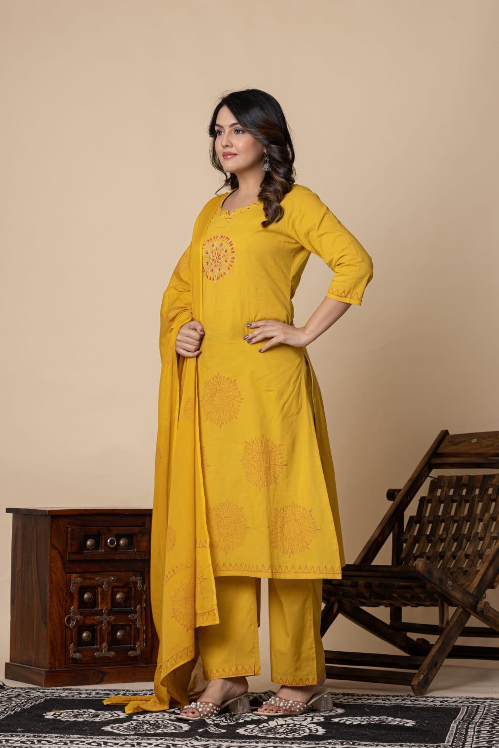 Mustard Yellow Cotton Embroidered Kurta Set with Palazzo & Dupatta