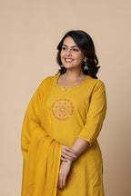 Mustard Yellow Cotton Embroidered Kurta Set with Palazzo & Dupatta