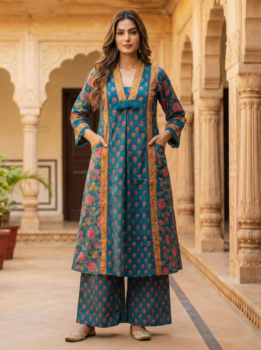 Teal Bloom Angrakha Set: A Regal Fusion of Tradition & Grace