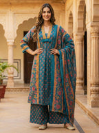 Teal Bloom Angrakha Set: A Regal Fusion of Tradition & Grace