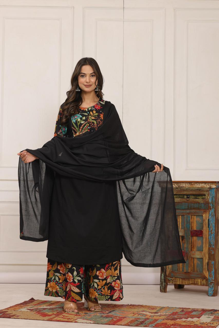 Midnight Bloom Artisanal Suit Set | Noir Elegance with Botanical Flare
