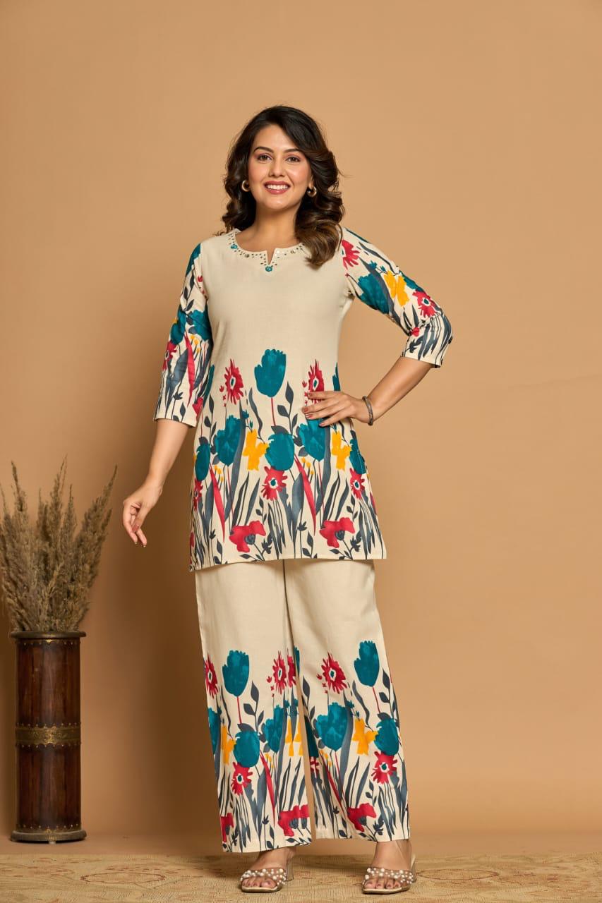 Vibrant Meadow Co-ord Set – Cream Floral Elegance