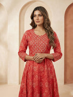 Radiant Coral Elegance: Hand-Embroidered Anarkali Set with Floral Organza Dupatta