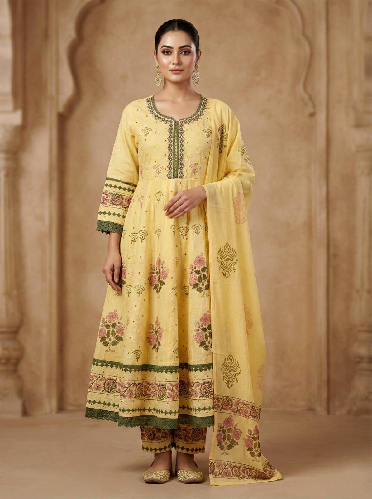 Saffron Bloom Anarkali Set – A Vintage Garden Symphony