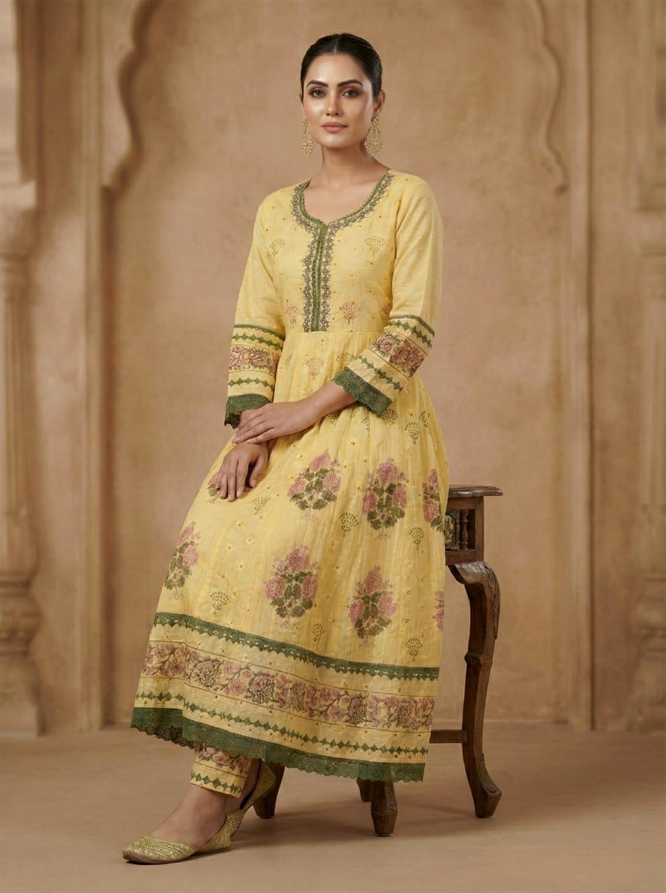 Saffron Bloom Anarkali Set – A Vintage Garden Symphony