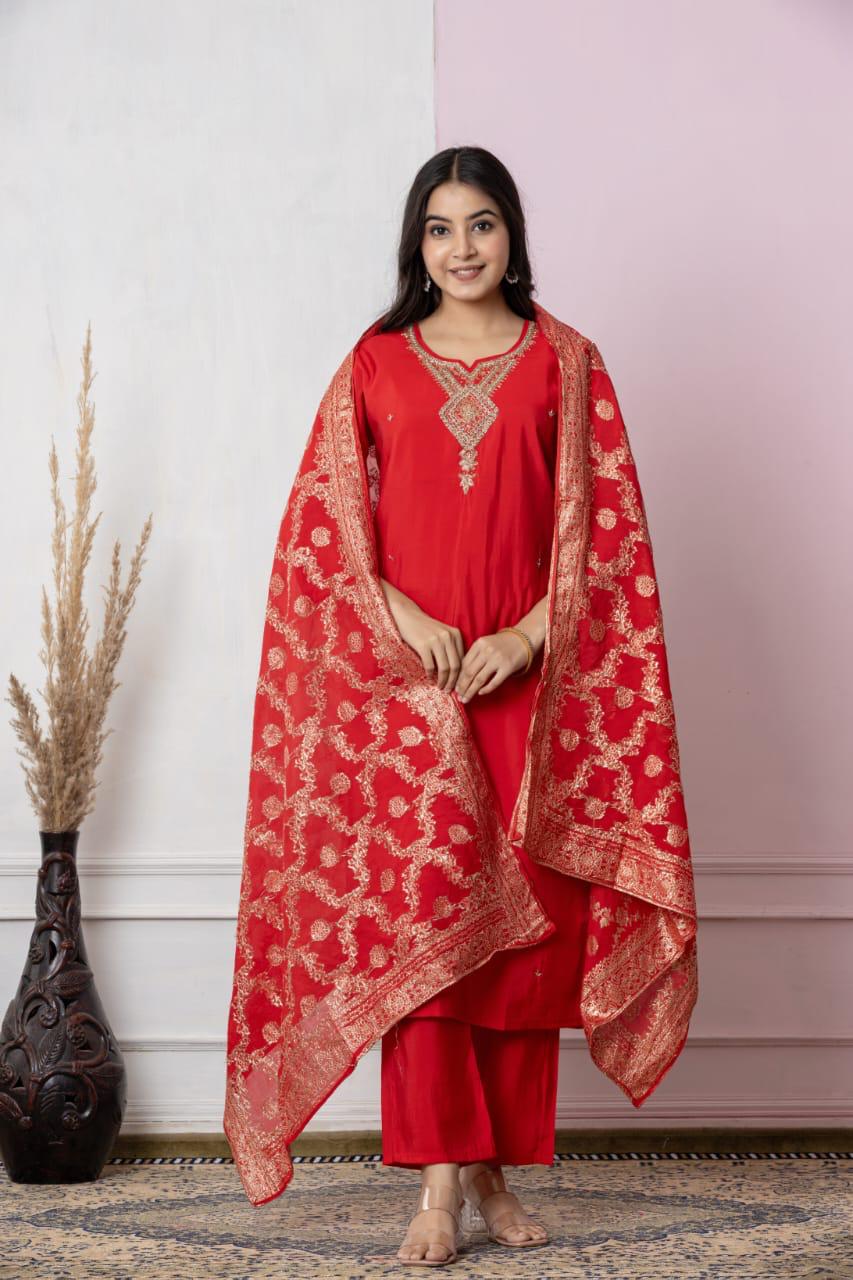 Royal Red Embroidered Kurta Set with Elegant Dupatta – Festive Wear Special