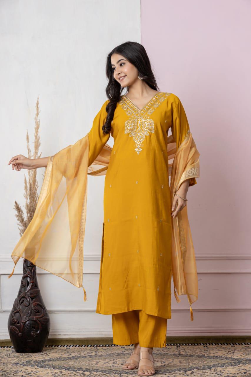 Mustard Radiance: Chanderi Silk Kurta Set with Intricate Gota Patti & Organza Dupatta
