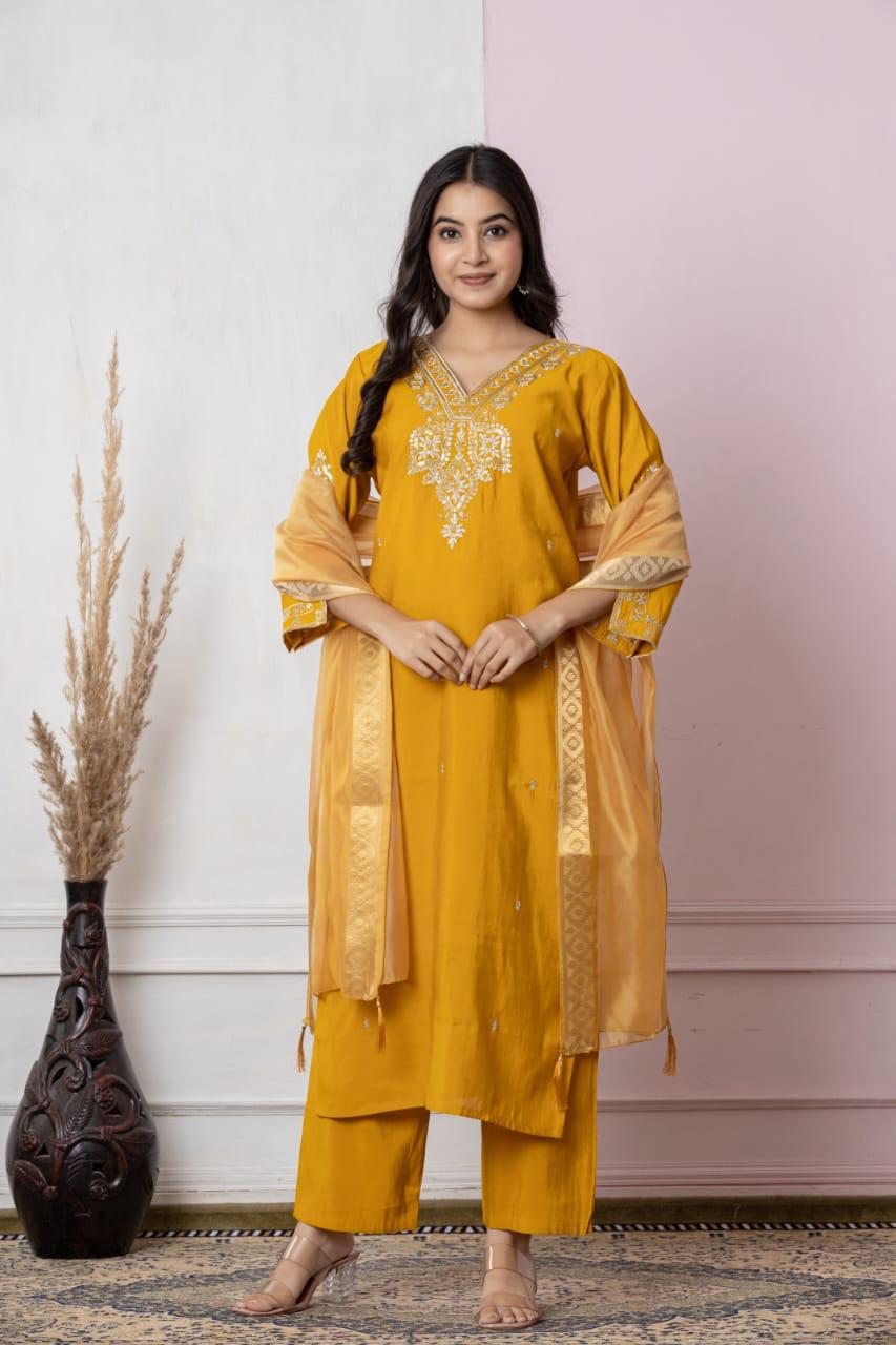Mustard Radiance: Chanderi Silk Kurta Set with Intricate Gota Patti & Organza Dupatta